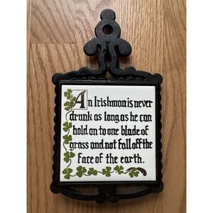 Vintage Enesco Japan Cast Iron & Ceramic Tile Trivet - Irish Drinking Proverb